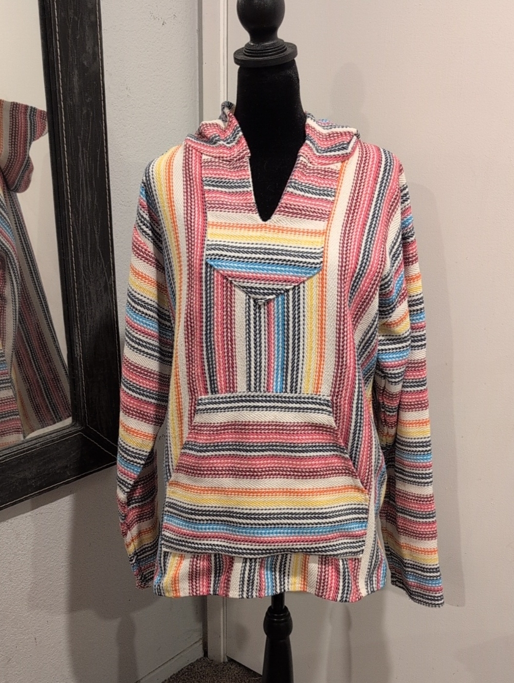 Earth Ragz Baja Hoodie Size Med Multicolor Striped Pullover Boho Mexican Hoodie